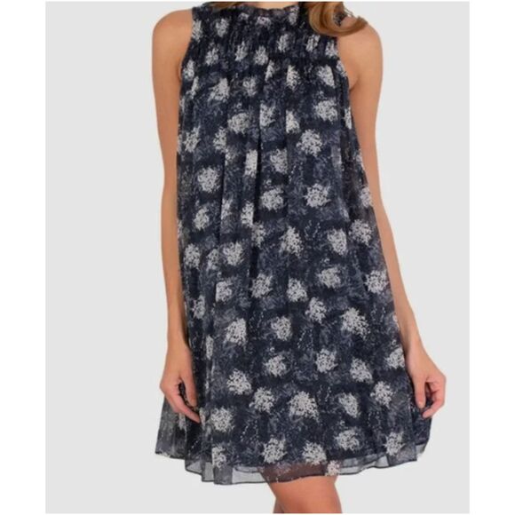 JOIE Blue Grey Floral Print Chiffon Shirred Ruffle Flared Dress Size XXL - Picture 1 of 10